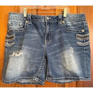 Miss Me Jeans Size 33 Distressed Denim Shorts Rhinestone Studded Embellished